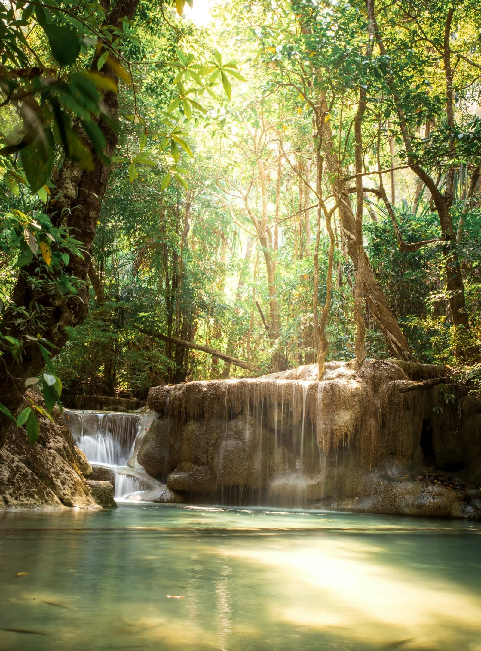 Emerald tropical water and forest at Erawan Falls, Thailand