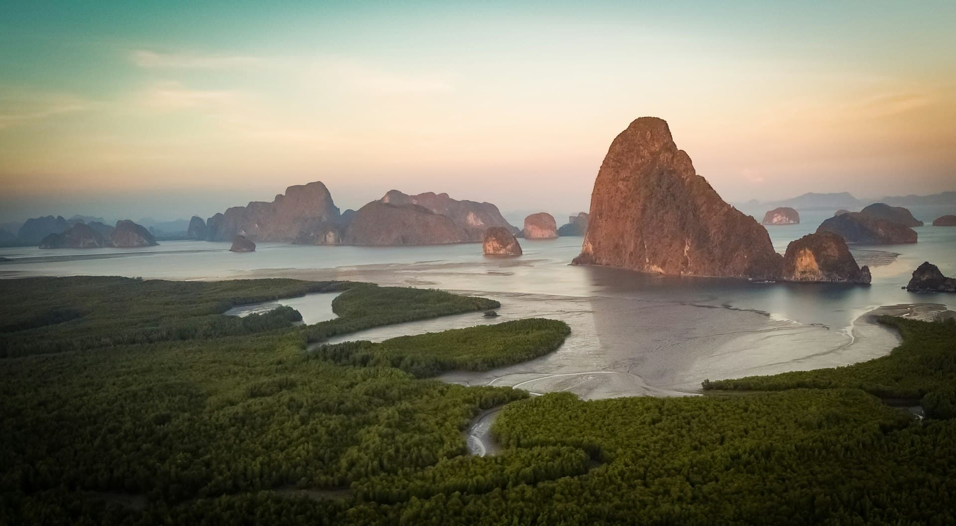 Tropical coastline and limestone islands near Phuket, Thailand